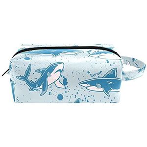 Blauwe Haai Lederen Cosmetische Pouch Bag Met Handvat, Waterdichte Vierkante Toilettas Reistas, Kleine Potlood Case voor Dames Heren Meisjes Kids