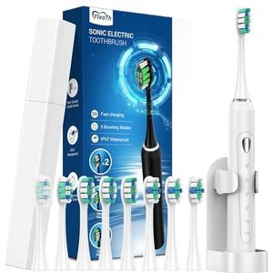 Elektrische tandenborstel, sonische tandenborstel voor volwassenen en kinderen, elektrische tandenborstel met 5 modi, reisetui, 40000VPM en 8 tandenborstelkoppen, 60 dagen batterijduur, timer (warmwit