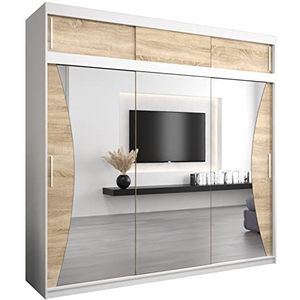 Kryspol zweefdeurkast Monaco 250 cm met spiegel kledingkast met kledingstang en legplank slaapkamer woonkamerkast schuifdeuren modern design (wit + sonoma met uitbreiding)