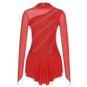 CXPMY Kunstschaatsen Jurk Dames Kunstschaatsen Jumpsuit Sheer Mesh Splice Lange Mouw Dancewear Ballet Jurk Ritmische Gymnastiek Turnpakje Dansen Body (Rood, S)