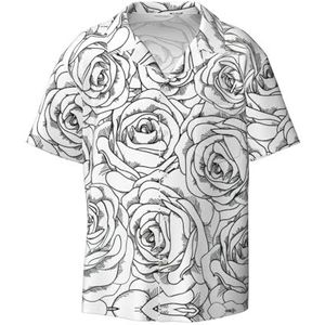 YJxoZH Zwart Wit Rose Print Heren Jurk Shirts Casual Button Down Korte Mouw Zomer Strand Shirt Vakantie Shirts, Zwart, 3XL