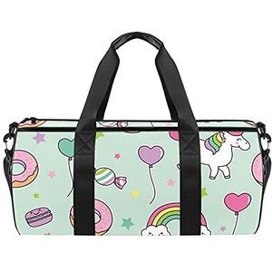 Reizen strandtassen, grote sport gym overnachting duffle cartoon eenhoorn paard regenboog donuts snoep print schoudertas met droge natte zak