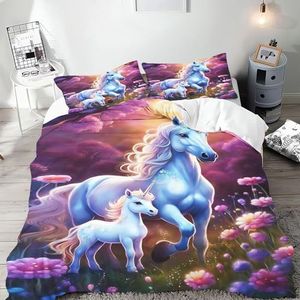 SMchwbc Paarden Beddengoed voor Meisjes en Kinderen - Dekbedovertrek Set van Zachte Microvezel met Ritssluiting en 2 Kussenslopen (200 x 200 cm, 2)