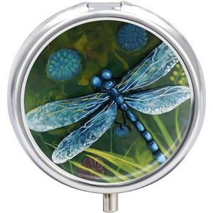 Handgeschilderde Blauwe Libelle Pillendoos Mini Pillendoosje Pocket Pil Case voor Mannen Reizen Pillendoos Leuke Pil Organizer 3 Compartiment Geneeskunde Pil Organizer Pil Container Pil Houder