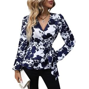 dames topjes Bloemenprint geknoopte zijwikkelblouse for dames | Casual peplum-top met V-hals (Color : Blue and White, Size : Small)