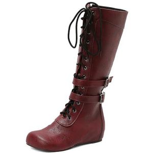 Retro Britse stijl dames vooraan veterschoenen patchwork ridder lange laarzen,Rood,36 EU