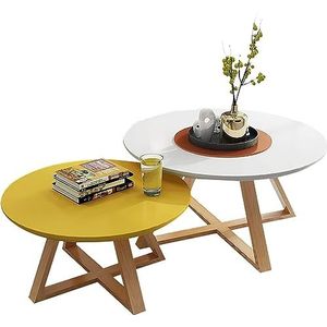 Moderne woonkamer salontafel nesttafel set van 2, hout creatieve nesten salontafel, ronde moderne accent bank bijzettafels, voor kleine ruimtes woonkamer slaapkamer kantoor (kleur: wit+geel,