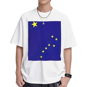 Alaska State Flag Print Dames Katoenen T-shirts Casual Korte Mouw Tuniek Tops Ronde hals Zomer Basic Loose Fit Tee, Wit, S