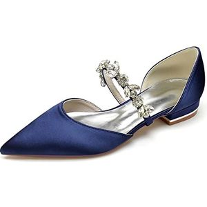 EICOFF Bruidsschoenen Satijn Lage Hakken Dames Gesloten Teen Strass Trouwschoenen Platte Bruiloft Jurk Party Schoenen,Dark blue,36 EU