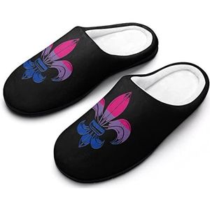 Biseksueel LGBT Pride Flag Fleur De Lis katoenen pantoffels voor dames, traagschuim, antislip, huisschoenen, binnen en buiten