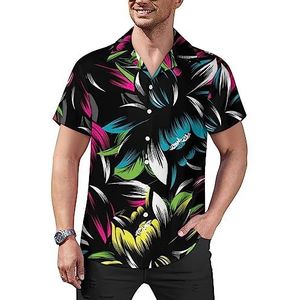 Abstracte bloemen neon bloemen heren casual button-down shirts korte mouw Cubaanse kraag T-shirts tops Hawaiiaans T-shirt L