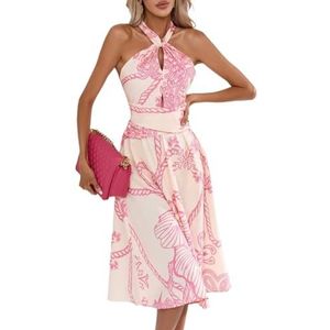 jurken voor dames Willekeurige print halternek jurk (Color : Rosa, Size : X-Small)