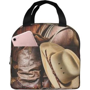 JYQCNSMJYB2 Cowboy zwarte hoed westernlaarzen print geïsoleerde lunchtas voor dames en heren, lichte duurzame draagtas voor kantoor, werk, school