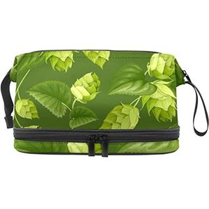 Dubbellaags Cosmetische Tas Groene Hop Bladeren Draagbare Make-up Tas Reizen Organizer Pouch Voor Vrouwen Meisjes Toiletries Tassen, Meerkleurig, 27x15x14 cm/10.6x5.9x5.5 in, Make-up zakje