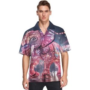 KAAVIYO Roze Licht Cool Art Olifant Shirts voor Mannen Korte Mouw Button Down Hawaiiaanse Shirt voor Zomer Strand, Patroon, XL