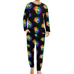 Gay Pride Glitter Lippen Comfortabele Heren Pyjama Set Ronde Hals Lange Mouw Loungewear met Zakken XL