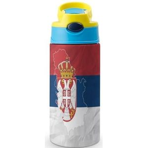Vlag van Servië met kaart 12 oz waterfles met rietje, koffiebeker, waterbeker, roestvrijstalen reismok voor dames en heren, blauwe stijl