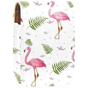 Flamingo Zomer Draagbare Lipstick Case voor Reizen,Mini Lipstick Opbergdoos met spiegel voor Vrouwen Dames, Lederen Cosmetische Pouch, Meerkleurig, 9.5x2x7 cm/3.7x0.8x2.7 in