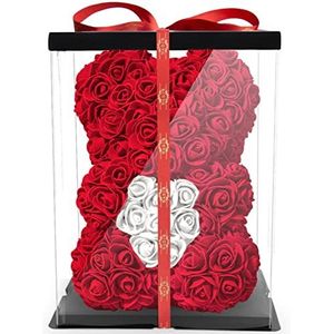 NADIR Rozenbeer bloemenbeer met geschenkdoos, verjaardagscadeau voor vrouwen, cadeau voor vriendin voor verjaardag, jubileum, rozenbeer teddybeer, cadeau voor trouwdag (rood, 25 cm)