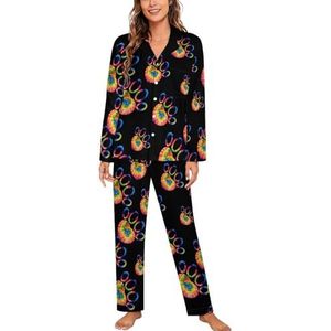 Tie Dye Kat Hond Poot Hart Vrouwen Lange Mouw Button Down Nachtkleding Zachte Nachtkleding Lounge Pyjama Set XL