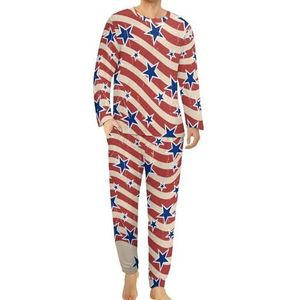 USA Patriottische sterren en strepen comfortabele heren pyjama set ronde hals lange mouwen loungewear met zakken 2XL