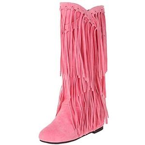 Dames Plus Size Winter Chunky Heel Franje Laarzen Binnenbooster Mid Lengte Laarzen Lederen Mid Kuit Laarzen voor Vrouwen met Hak, roze, 40 EU