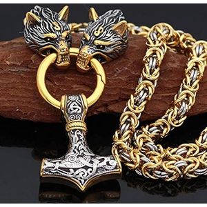 QQTQQ Viking Thor's Hammer Wolf Head Hanger, Noorse Mythologie heidense Mjolnir ketting, zware Byzantijnse ketting Mythologie Rune Fashion Unisex sieraden, MixedGold-70CM