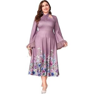 voor vrouwen jurk Plus bloemenprint franje trim kriskras halternek volant mouw jurk (Color : Purple, Size : 3XL)