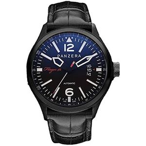 Panzera Flieger 46 PHANTOM SPIRIT Automatisch IP Staal Zwart Leer Pilot Data Horloge Heren, Armband