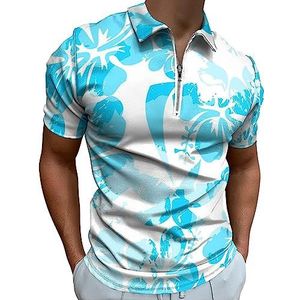 Lichtblauw Hibiscus poloshirt met verfeffect voor heren, casual T-shirts met ritssluiting en kraag, golftops, slim fit