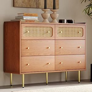 DUlVBPE Ladekast met 6 laden, rotan dressoir, highboard voor slaapkamer en alle woonruimtes, walnoot H90/B120/T40 cm