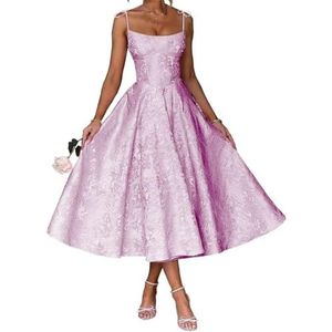 AHERKLL Spaghetti Bandjes Bruidsmeisjes Jurken Bloemen Satijn Jacquard Formele Avond Feest Maxi Jurk Thee Lengte HAH048, Lila, 46 grote maten