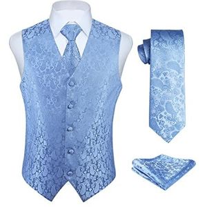 Enlision Men's Gilets Light Blue Paisley Gilet Tie Pocket Square Bruiloft Jacquard Suit Vest Set L