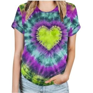 Dames T-shirt met batikpatroon, hart-afbeelding, Valentijnsdag, shirt, geliefden, geschenken, casual T-shirt met korte mouwen, Mint Lime Green, L