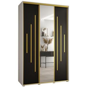 MEBLE KRYSPOL Davos 13 150 Kledingkast met drie schuifdeuren voor slaapkamer - Moderne Kledingkast met spiegel, kledingroede en planken - 235,2x150x45 cm - Wit Zwart Goud