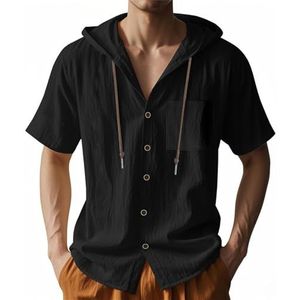 CupitiDU Linnen strandshirt met capuchon voor heren, lichtgewicht knoopsluiting, losse pasvorm, ademend zomershirt tops met capuchon, Zwart, 3XL