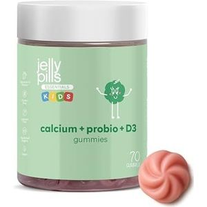 Jelly Pills Calcium voor Kinderen + Probiotica & Vitamine D3 + K2 – 70 Vegan Gummies – Zonder Suiker – Aardbeiensmaak – Voor Gezonde Botten & Tanden