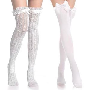2 paar lange strikkousen, overknees kousen voor dames, satijnen boogkousen voor vrouwen, ondoorzichtig, witte kniekousen, Thigh kerstkostuum, accessoires, highs kostuum (witte strik)