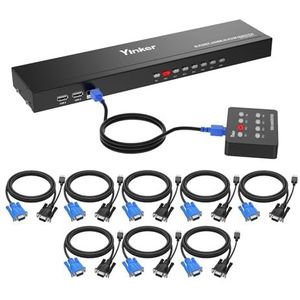 Yinker 8-poorts rack VGA-KVM-switch + 8 KVM-kabels + 4 USB-hubs + bekabelde desktopkeuzeschakelaar + oren voor rackmontage