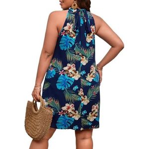 voor vrouwen jurk Plus halterjurk met tropische print en strik op de rug (Color : Multicolore, Size : 3XL)