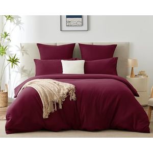 WAVVE Beddengoed 200 x 200 cm, 3-delig, wijnrood-rood, dekbedovertrek 200 x 200 cm met 2 kussenslopen 65 x 65 cm, beddengoedset van microvezel met ritssluiting, zacht en strijkvrij, bordeauxrood