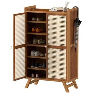 7-Tier Bamboe Rotan Schoenenkast met 2 Deuren, Vrijstaande Slim Shoe Storage Organizer, Moderne Schoen Organisator kabinet met verstelbare planken, voor Entree Hal H:111CM