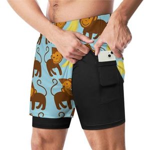 Aap En Banaan Patroon Grappige Zwembroek met Compressie Liner & Pocket Voor Mannen Board Zwemmen Sport Shorts