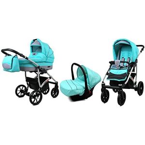 BabyLux Largo 3 in 1 Baby Reis Systeem Kinderwagen Autostoel Afneembare Regenhoes Voetenzak Dragende Wielen Pasgeborene tot Baby Mint Silver Frame