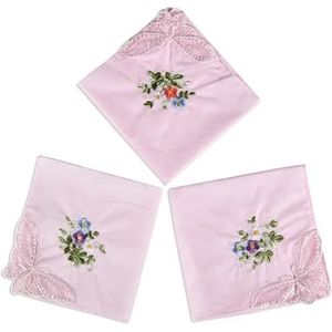 3 Stuks 28x28cm Katoen Geborduurde Kanten Zakdoek Handdoek Dames Zakdoeken Vrouwen Wasbare Zak (Color : Light Pink)