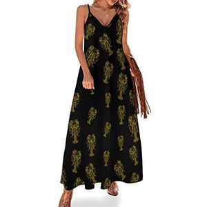 Golden Lobster Sling Maxi-jurken voor dames, V-hals, casual, mouwloos, verstelbare riem, sexy lange jurk