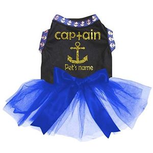 Petitebelle Sailor Anker Thema Zwart Shirt Royal Blue Tutu Puppy Hond Jurk, XXX-Large, Kapitein personaliseren