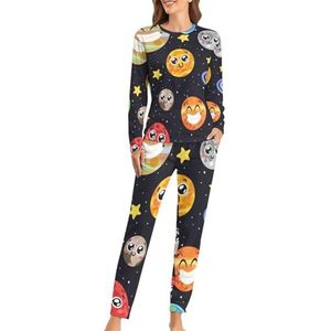 Zonnestelsel Ruimte Ster Zachte Dames Pyjama Lange Mouw Warm Fit Pyjama Loungewear Sets met Zakken 5XL