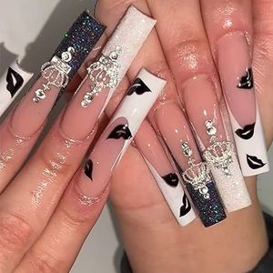 Coffin Long False Nails Crown Press on Nails Valentine's Day French Fake Nails Ballerina Acrylic Stick on Nails 24pcs for Women and Girls