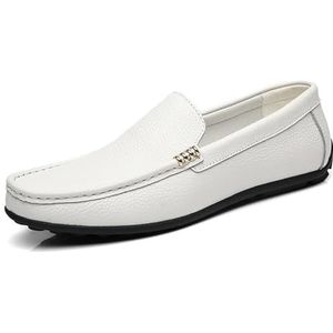 Loafers for heren, ronde neus, effen kleur, loafers, platte hak, lichtgewicht, flexibel, schoolbal, klassieke instapper (Color : White, Size : 43 EU)